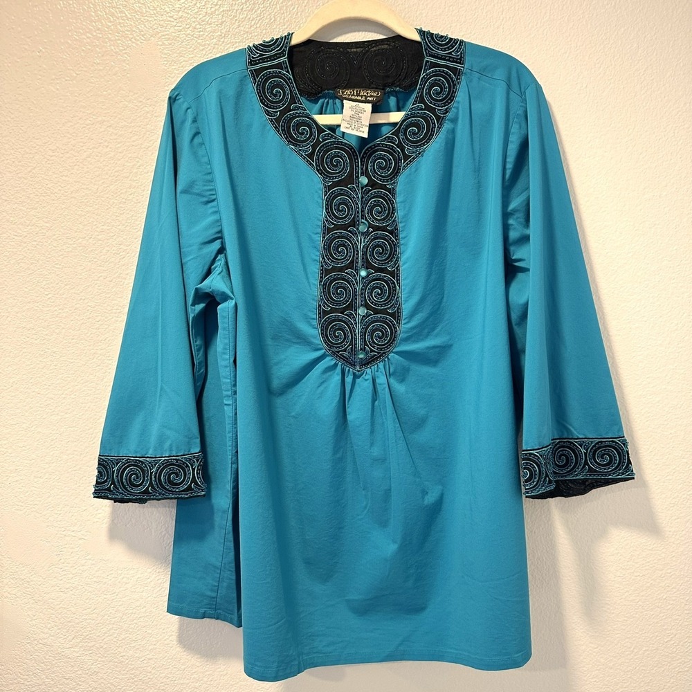 Bob Mackie Size-1X‎ Vintage Wearable Art Top Green Sequins, 3/4 Sleeves Chic